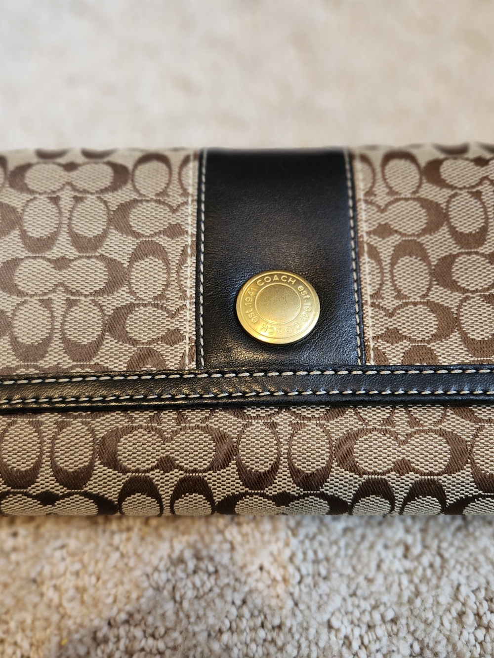 Coach Signature Canvas Checkbook Wallet With Black Leather Accents